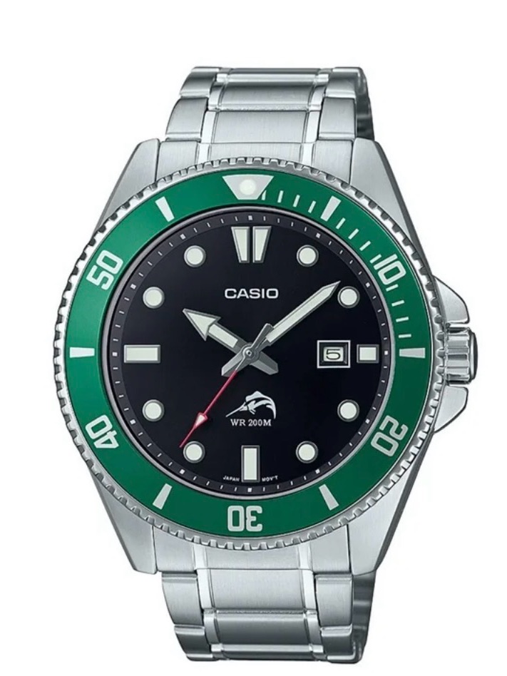 Casio Silver Stainless Watch With Black Dial And Green Bezel